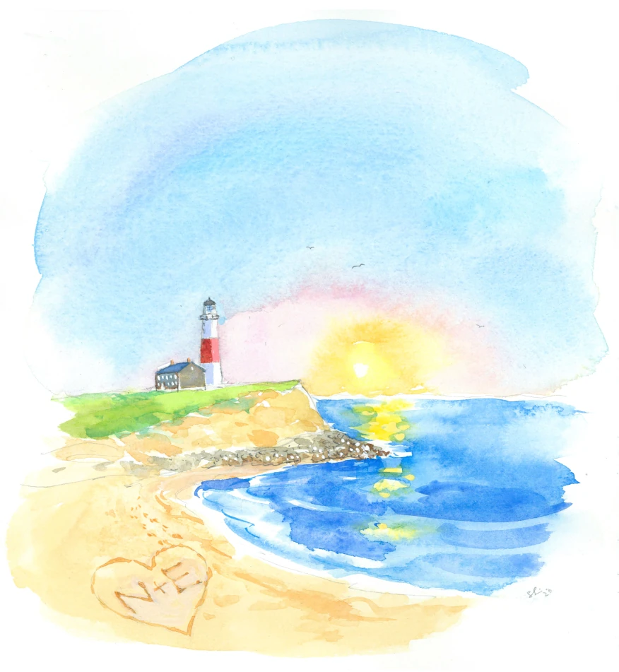 coastline watercolor with lighthouse